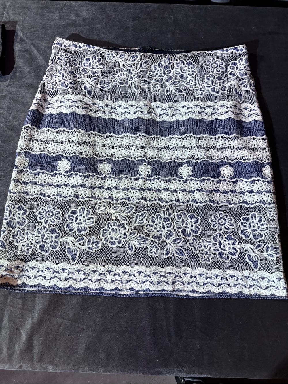 Kelly Diane Navy and White Lace-Overlay Pencil Skirt